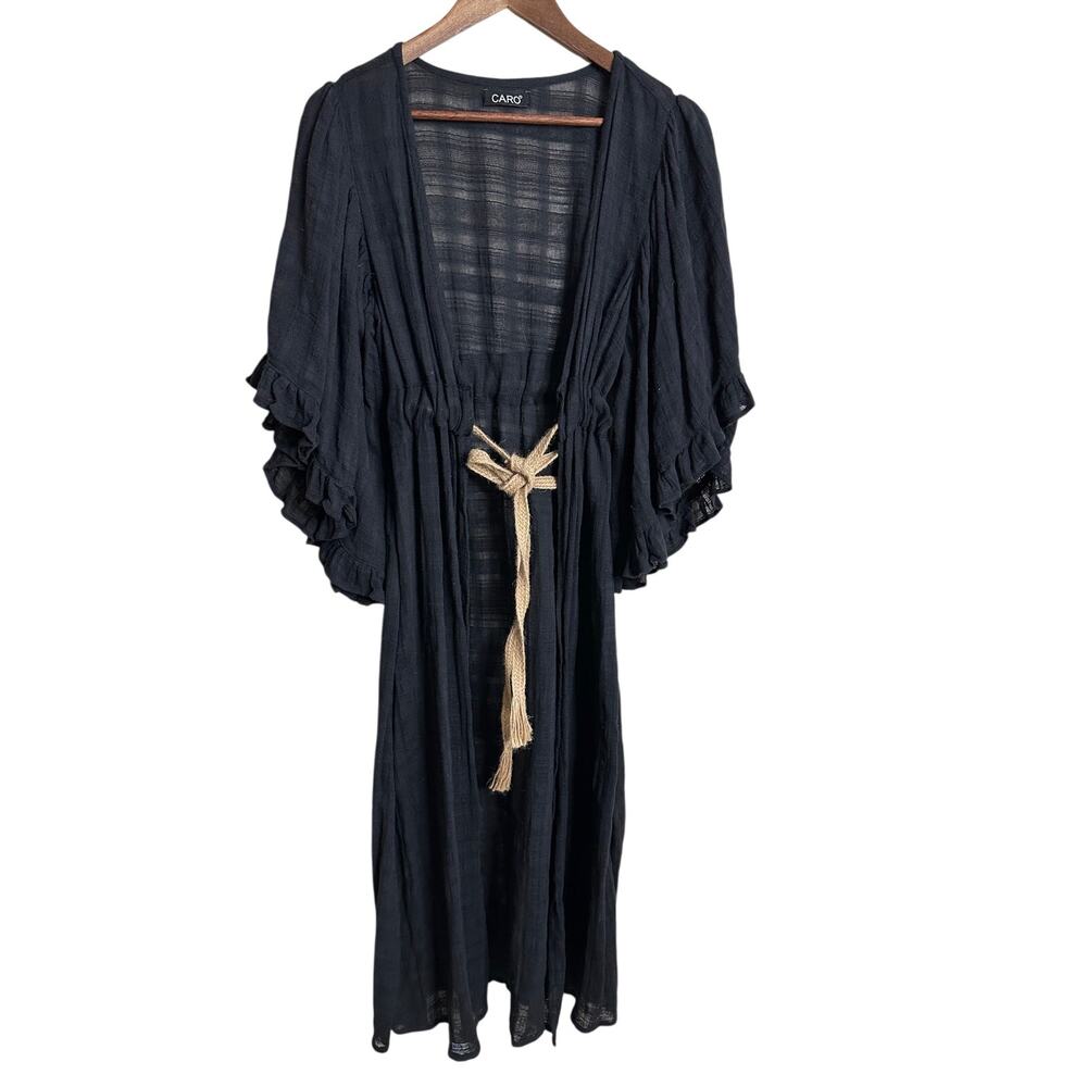 CARO The Label Gauze Kimono Duster Cover Up Black Tie Waist Midi Womans One Size